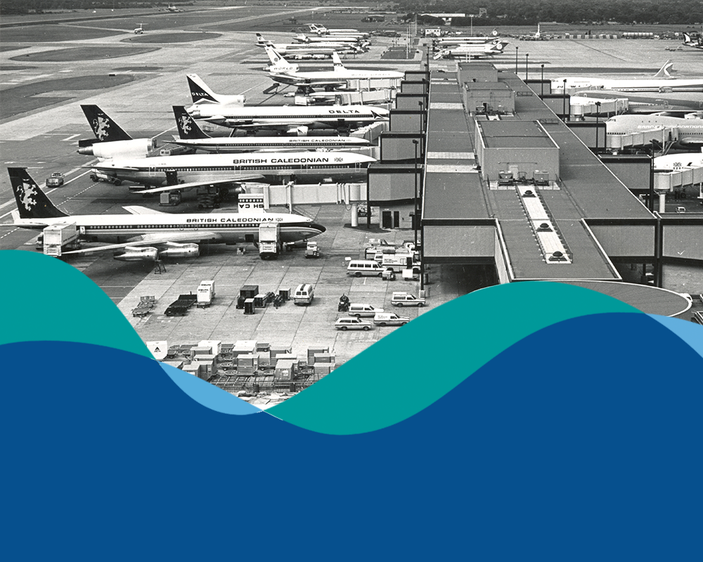 London Gatwick brand flow line over dark blue background